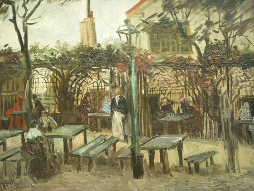 Χειροποίητη λαδομπογιά αναπαράσταση του έργου του Βίνσεντ βαν Γκογκ "La Guinguette", μια υπαίθρια βεράντα καφέ στη Μονμάρτη με τραπέζια κάτω από γυμνά φθινοπωρινά δέντρα και φανάρια