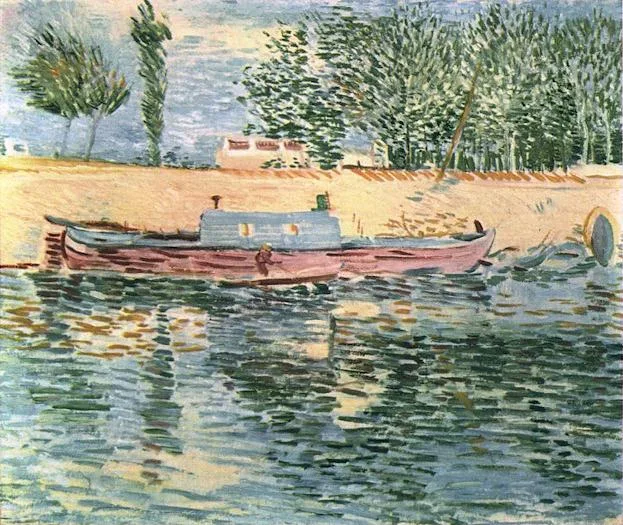 Ručně malovaná olejová reprodukce Vincenta van Gogha Břehy Seiny s loděmi – lodě vytažené na travnaté břehy jasně se třpytící Seiny
