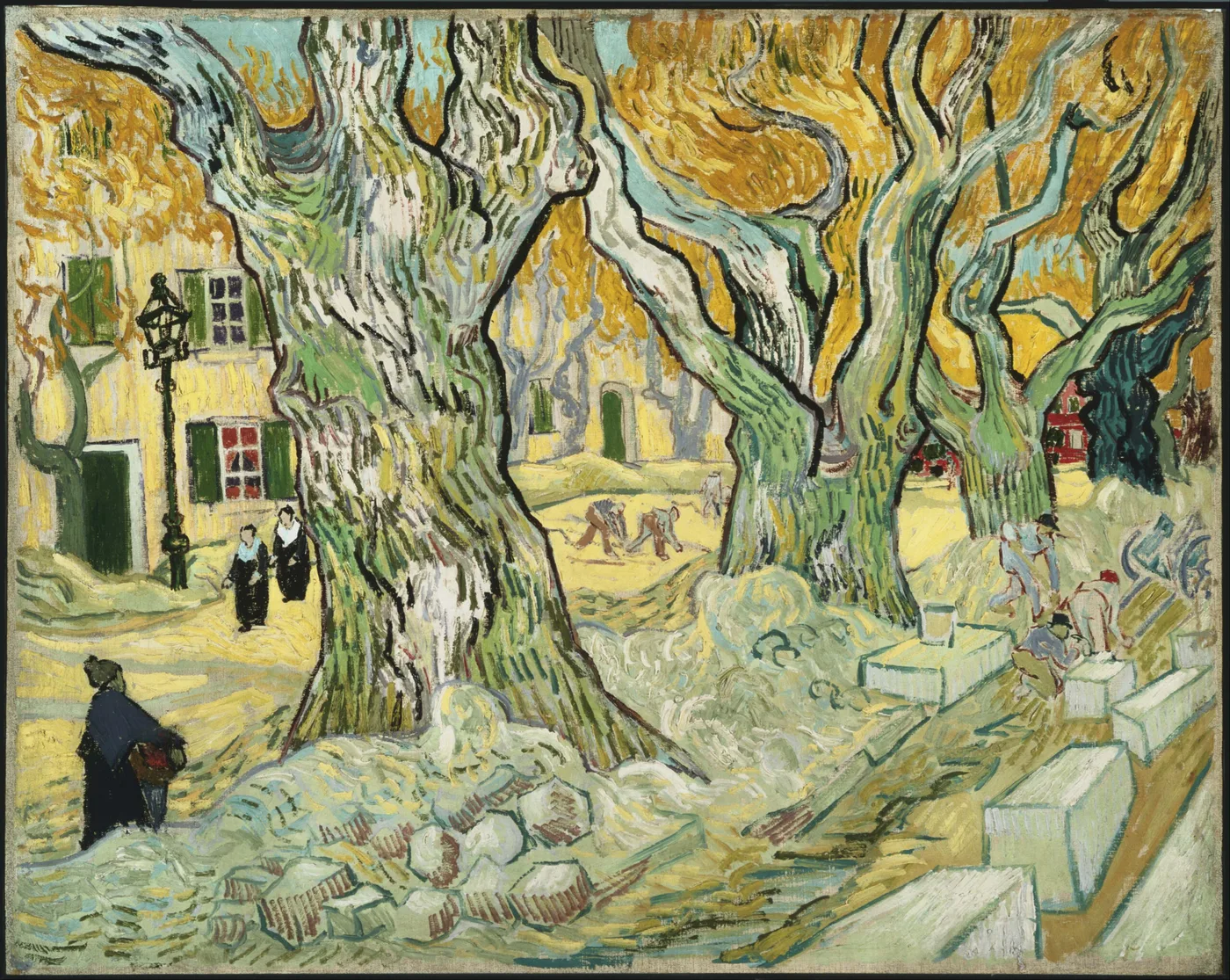 Handmálað olíumálverk eftir Vincent van Gogh, endurgerð af Vegagerðarmönnunum, verkamenn að laga þorpsgötu undir risastórum og kvistóttum platantrjám