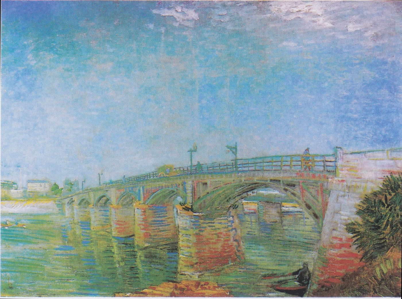 Handmáluð olíuafritun af The Seine Bridge at Asnieres eftir Vincent van Gogh, brú yfir bjarta skínandi Signu með bátum á vatninu nálægt París