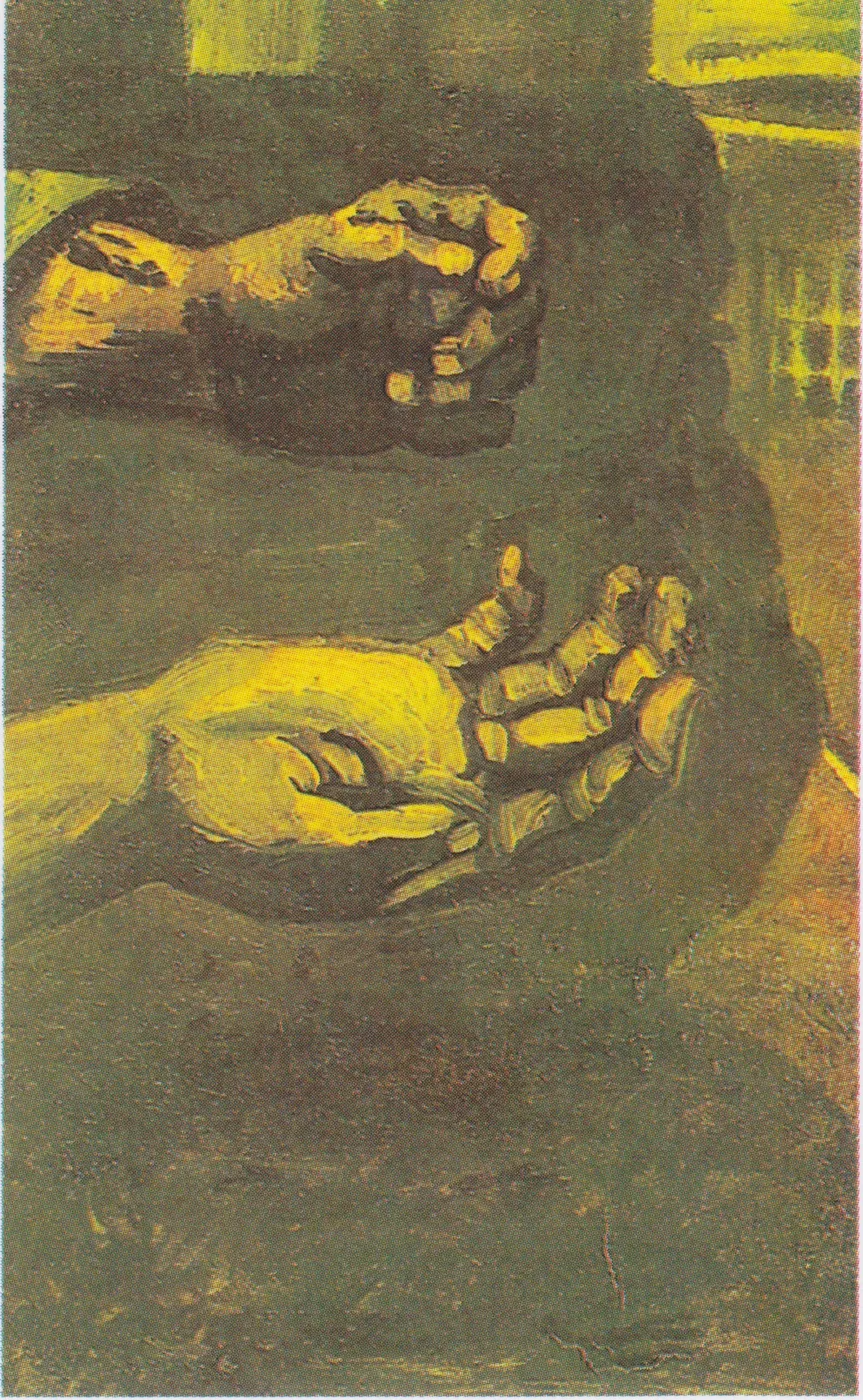 Handmáluð olíumynd eftir Tvær hendur eftir Vincent van Gogh, nákvæm rannsókn á tveim grófum vinnuhöndum bónda gegn dimmum bakgrunni
