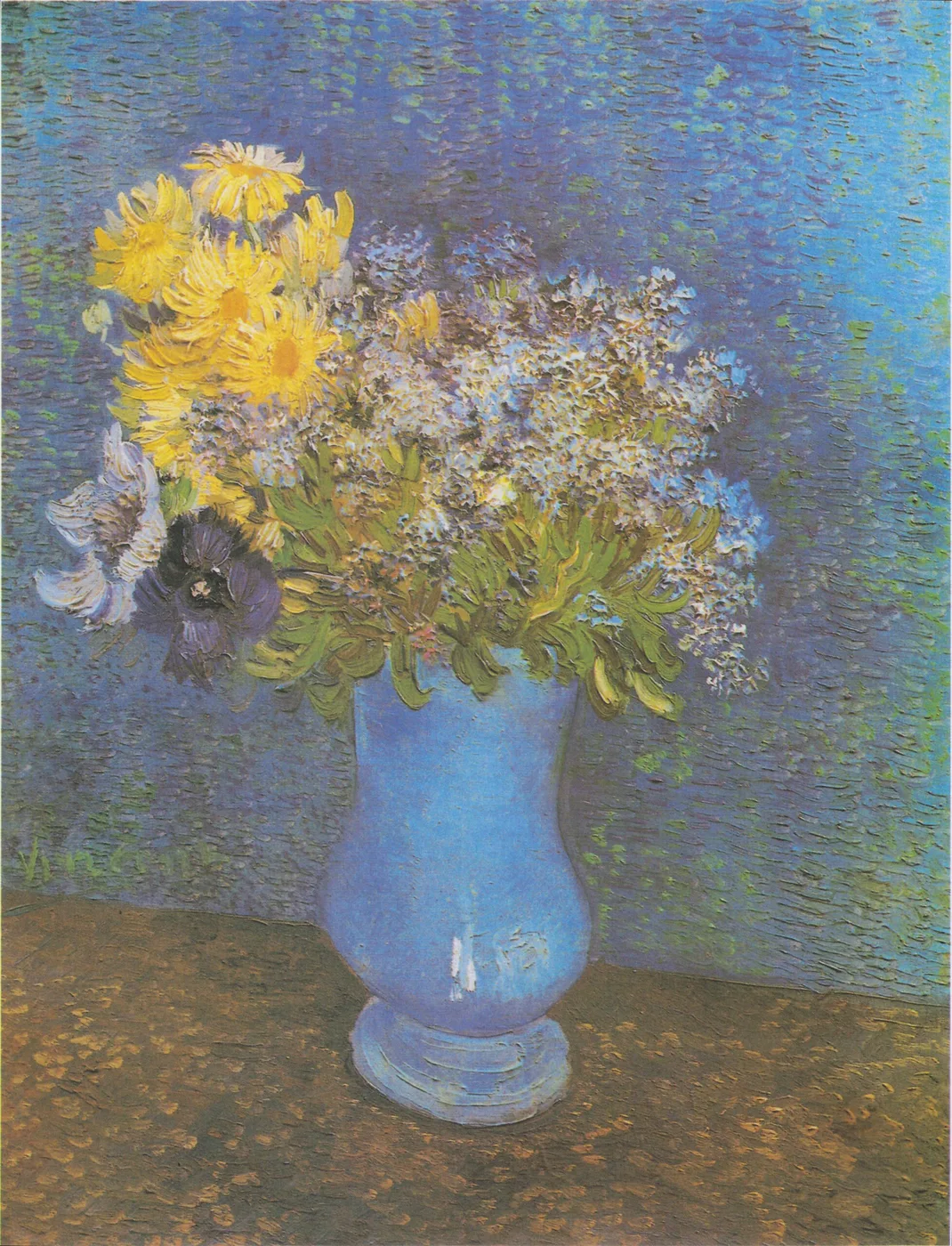 Handmáluð olíuafritun af 'Vase with Lilacs Daisies and Anemones' eftir Vincent van Gogh, liljur, hvítar daisies og bjartar anemónur þéttar í vasi í ferskum litum