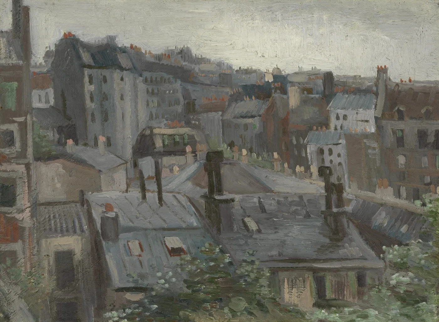 Handmáluð olíuafritun af verkum Vincent van Gogh, Útsýni úr vinnustofu Vincent, hrúga af gráu Parísarþökum og reyksugum séð frá glugga undir mjúkum himni
