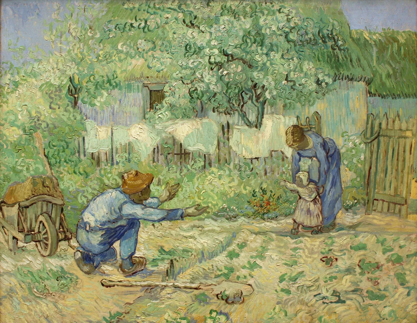 Käsityönä maalattu öljyjäljennös Vincent van Goghin teoksesta First Steps after Millet, jossa lapsi ottaa ensimmäiset askeleensa polvistuvaa isäänsä kohti vihreässä puutarhassa.