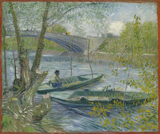 Käsin maalattu öljymaalausjäljennös Vincent van Goghin teoksesta Fishing in Spring, Pont de Clichy, mies ongella kirkkaasti kimaltelevan joen rannalla