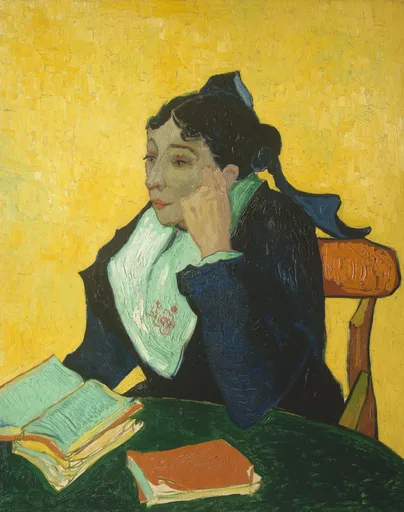 Käsin maalattu öljyreproduktio Vincent van Goghin teoksesta L'Arlesienne, muotokuva Madame Ginoux'sta provencelaisessa asussa istumassa kirjojen kanssa