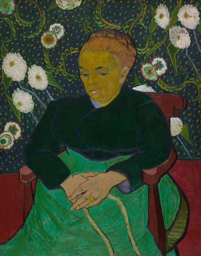 Käsin maalattu öljymaalausjäljennös Vincent van Goghin teoksesta La Berceuse, Madame Roulin vihreässä mekossa keinuttamassa kehtoa punaista ja vihreää kukkaseinää vasten