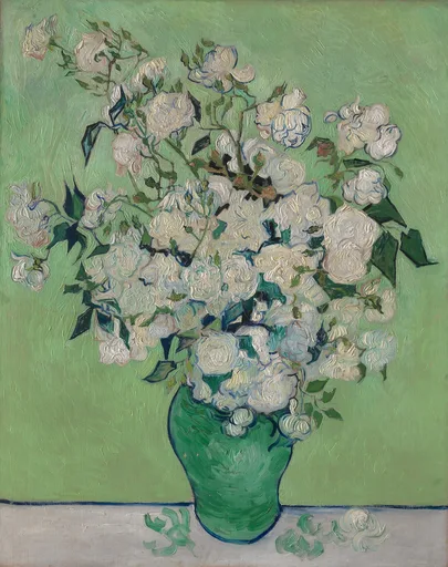لوحة زيتية مرسومة يدويًا مستنسخة من لوحة فنسنت فان جوخ "ورد"، باقة كاملة من الورود الباهتة على خلفية خضراء ناعمة.