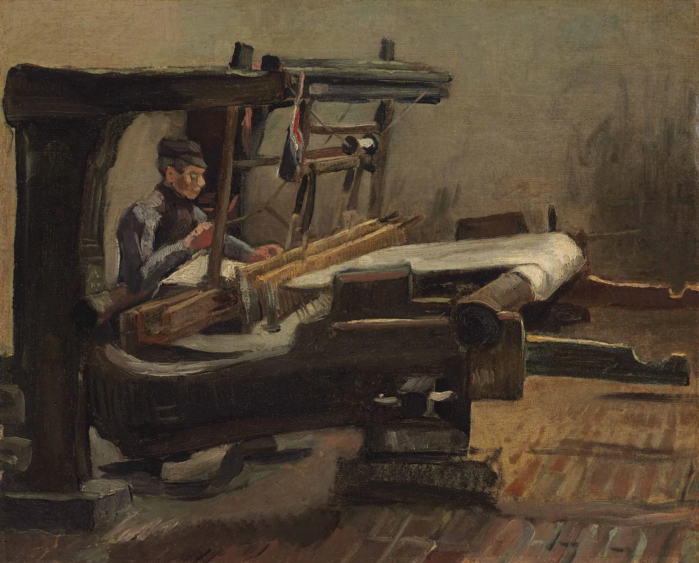 Ručně malovaná olejová reprodukce obrazu Vincenta van Gogha Tkalce hledící doprava, tkadlec sedící u velkého dřevěného tkalcovského stavu otočeného doprava mezi trámy a nitěmi