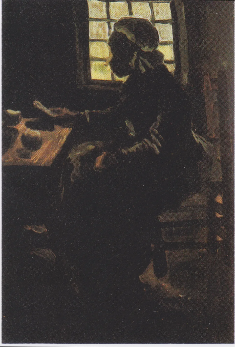 Ručně malovaná olejová reprodukce obrazu Vincenta van Gogha Žena u stolu, venkovanka sedící u stolu v teplém šeru vesnického interiéru