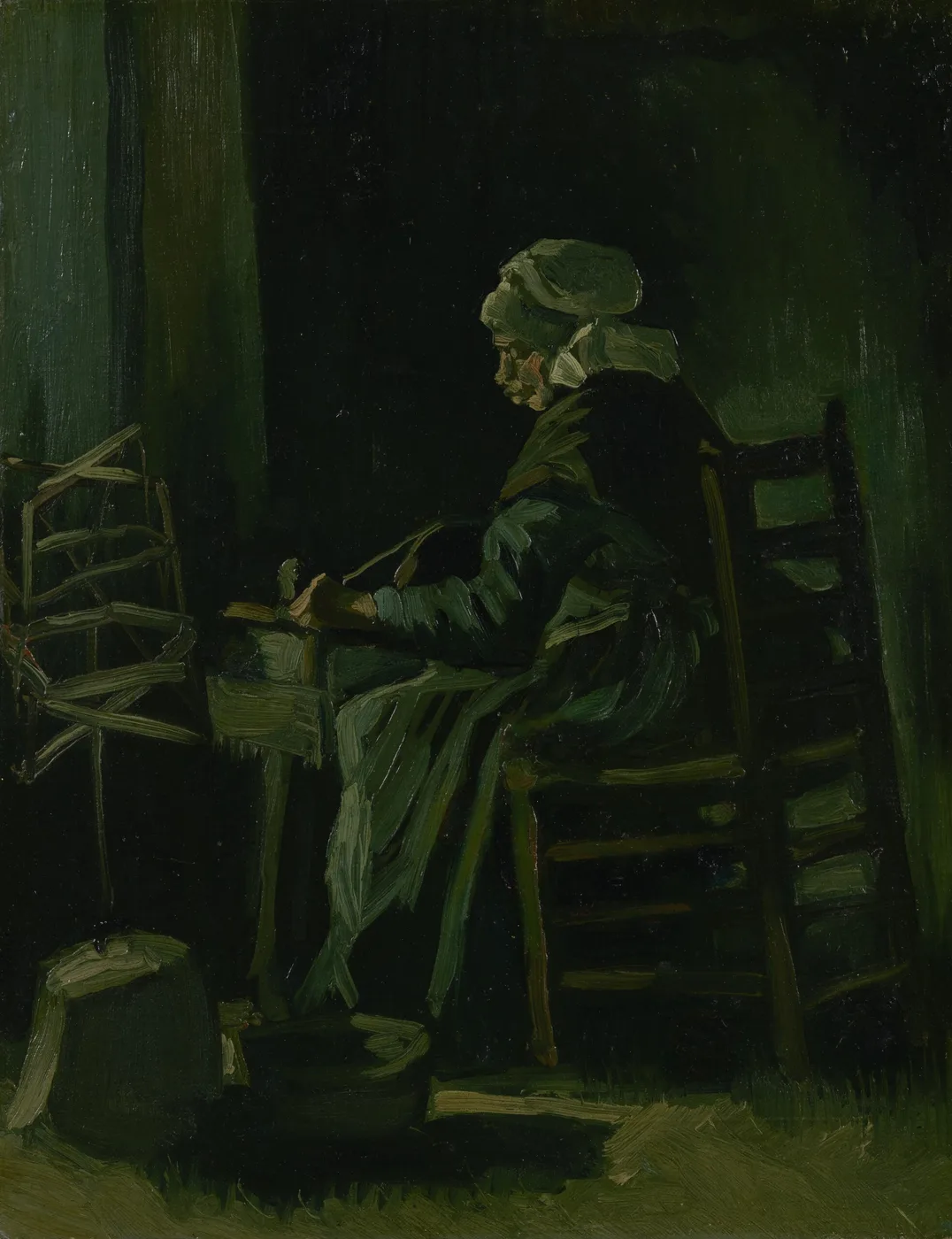 Ručně malovaná olejová reprodukce obrazu Vincenta van Gogha Žena navíjející přízi, venkovská žena navíjející přízi u malého okna v temném interiéru