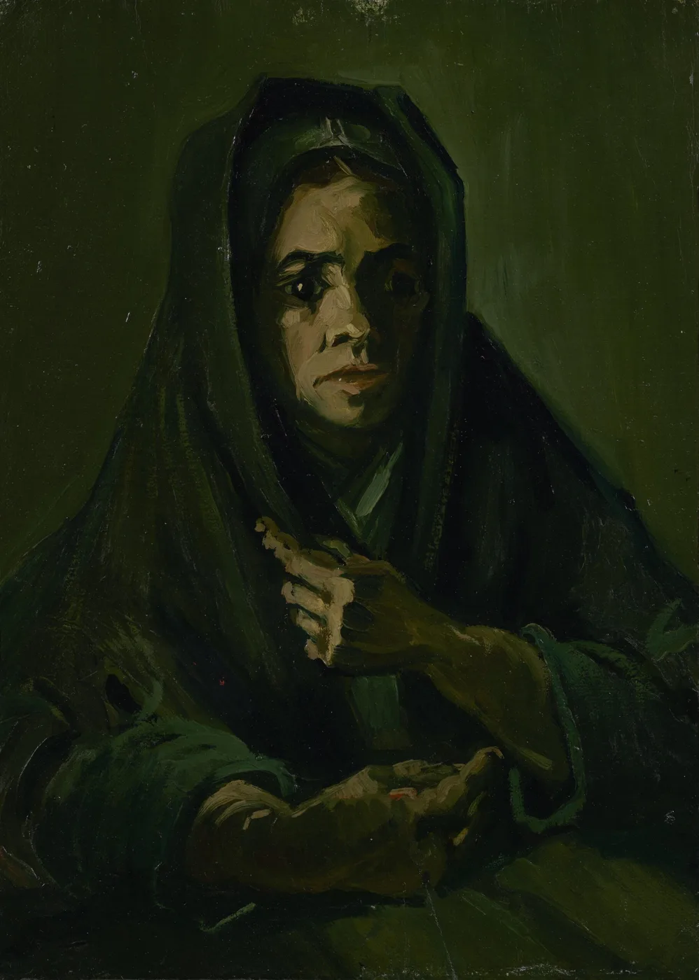 Ručně malovaná olejová reprodukce obrazu Vincenta van Gogha Žena se smutečním šálem, venkovská žena v tmavém šálu s vrásčitou tváří proti stinnému pozadí