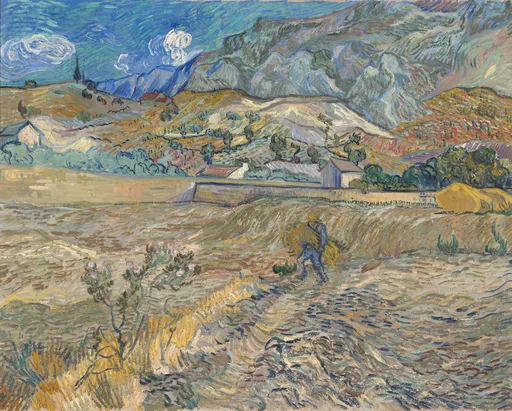 Höndmáluð olíuafritun af Afgirtum akri með bónda eftir Vincent van Gogh, afgirtur akur með gullnu hveiti og einum vinnumanni