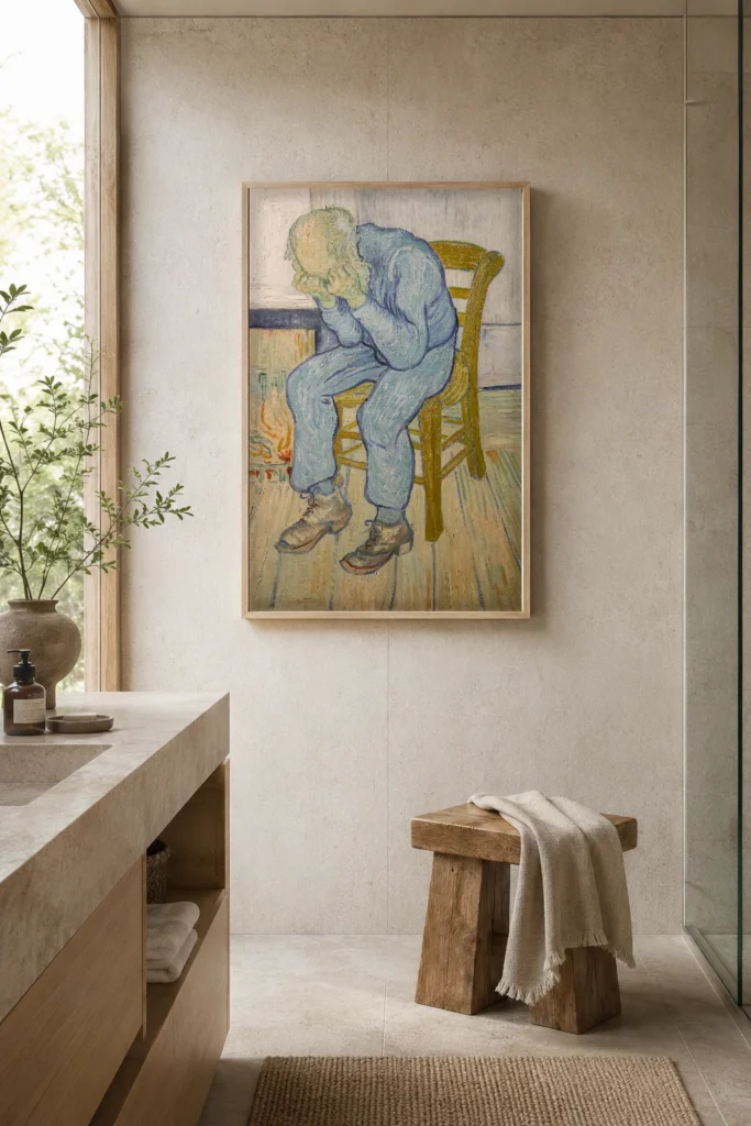 Στην πύλη της αιωνιότητας, ένα χειροποίητο αντίγραφο λάδι σε καμβά του Βαν Γκογκ, κορνιζαρισμένο στον τοίχο ενός ήρεμου μινιμαλιστικού υπνοδωματίου