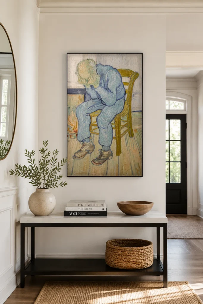 Στην πύλη της αιωνιότητας, ένα χειροποίητο αντίγραφο λάδι σε καμβά του Βαν Γκογκ, κορνιζαρισμένο στον τοίχο ενός φωτεινού διαδρόμου εισόδου