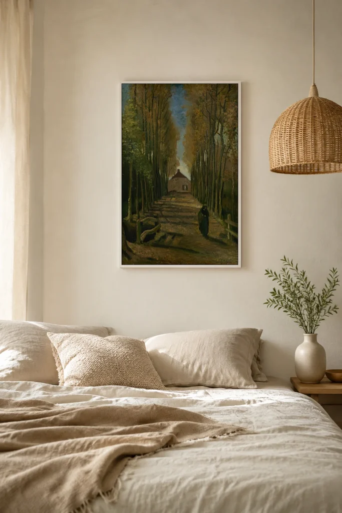 Δενδροστοιχία από Λεύκες το Φθινόπωρο, ένα χειροποίητο αντίγραφο λαδομπογιάς του Βαν Γκογκ, κορνιζαρισμένο στον τοίχο ενός κομψού δωματίου ντυσίματος.