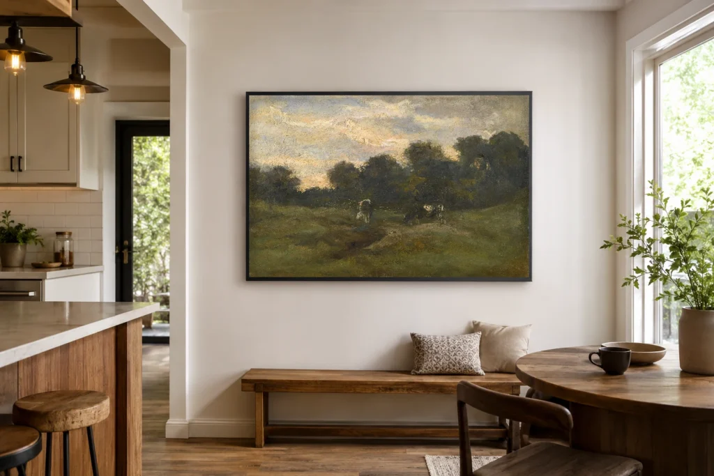 Kýr á engi, handmáluð olíuendurgerð eftir Van Gogh, rammaður á vegg í björtu rishæðarveri