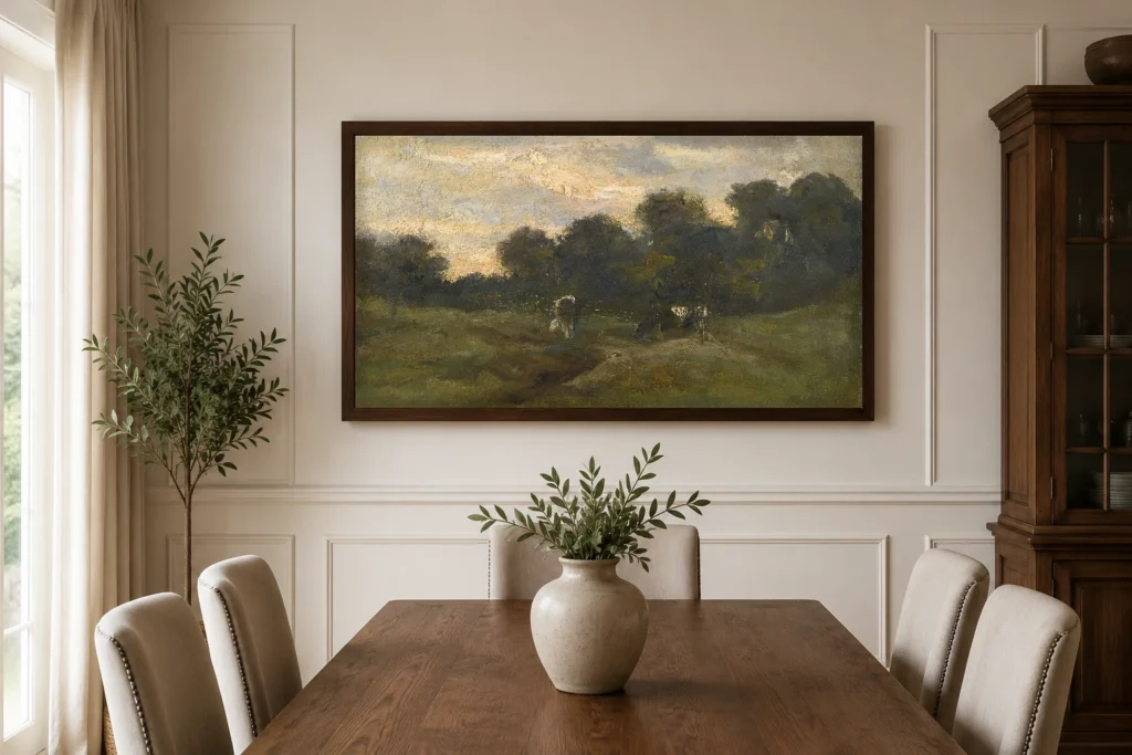 Kýr á engi, handmáluð olíuendurgerð eftir Van Gogh, rammaður á vegg í björtu eldhúsi með borðkrók