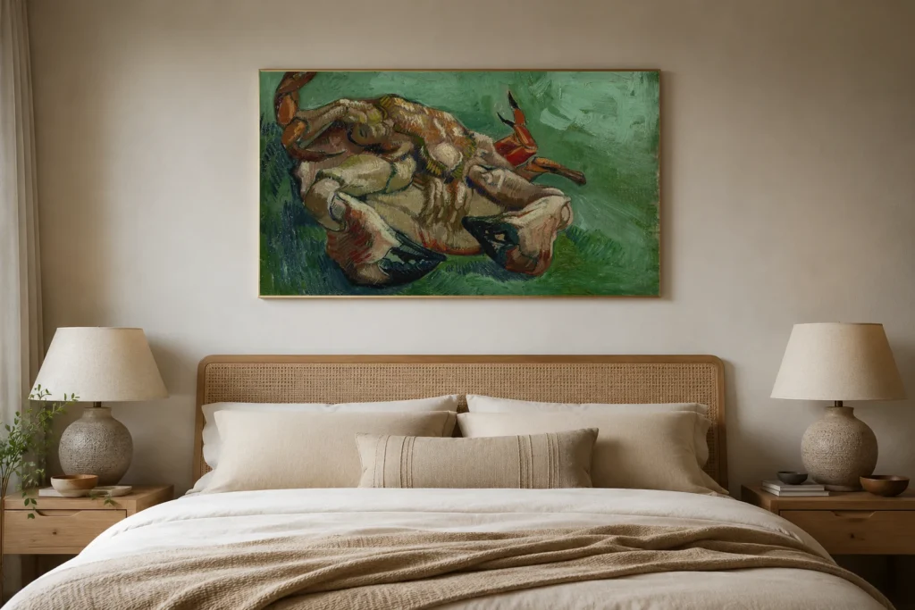 Taskurapu selällään, käsin maalattu Van Gogh -öljyjäljennös kehystettynä tyylikkään kotitoimiston seinällä