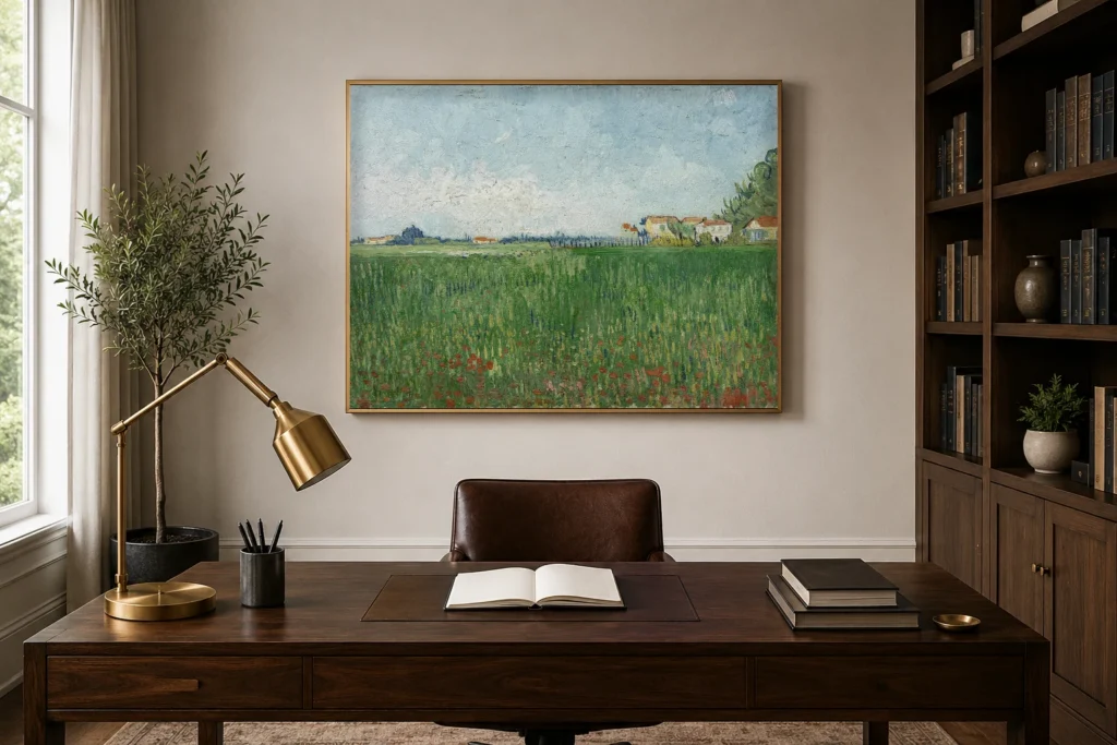 Παπαρούνες σε χωράφι, χειροποίητη λάδι σε καμβά αναπαράσταση έργου του Βαν Γκογκ, κορνιζαρισμένη στον τοίχο μιας φωτεινής, ενιαίας κουζίνας-τραπεζαρίας.