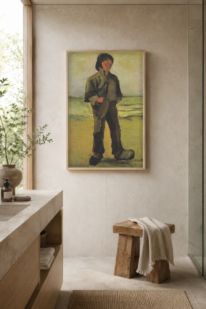 Ψαράς στην Παραλία, μια χειροποίητη ελαιογραφία-αναπαραγωγή έργου του Βαν Γκογκ, τοποθετημένη σε κορνίζα στον τοίχο μιας σουίτας μπουτίκ ξενοδοχείου.