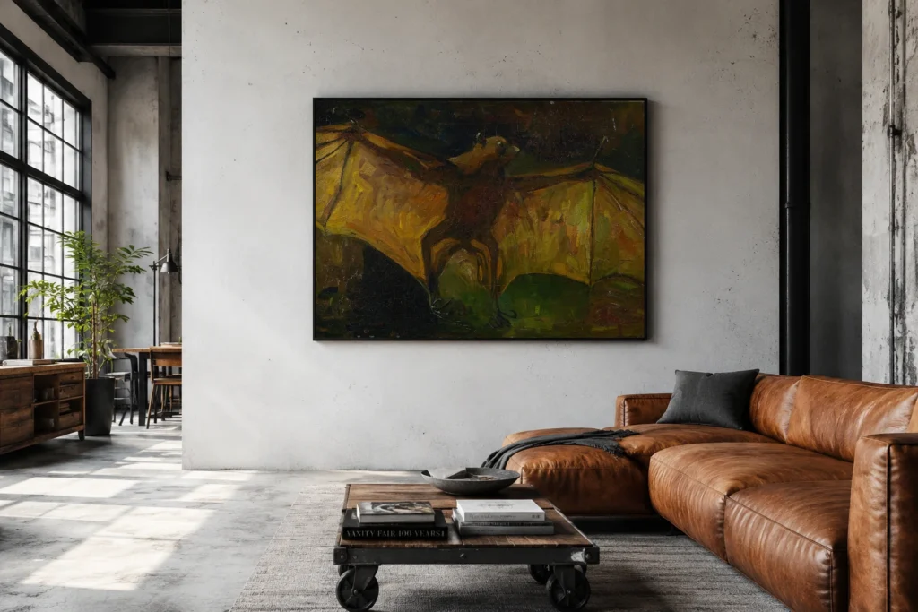 ثعلب طائر، نسخة زيتية مرسومة يدويًا من لوحات فان جوخ، مؤطرة على جدار غرفة نوم عصرية بألوان محايدة