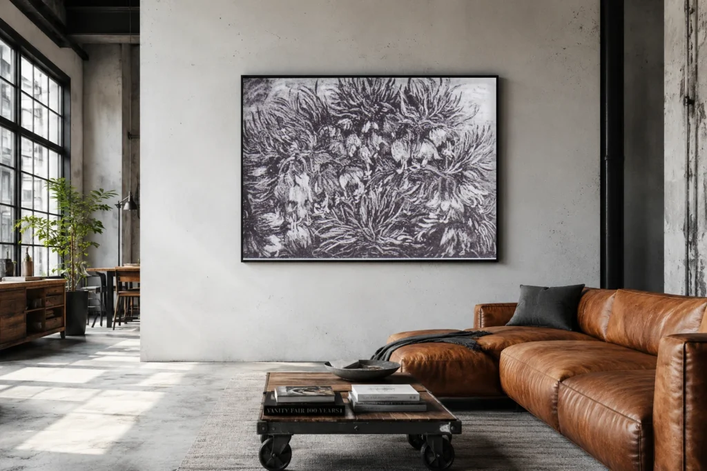 Φριτιλάριες, μια χειροποίητη ελαιογραφία-αναπαραγωγή του Βαν Γκογκ σε κορνίζα στον τοίχο ενός ηλιόλουστου ρετιρέ καθιστικού.