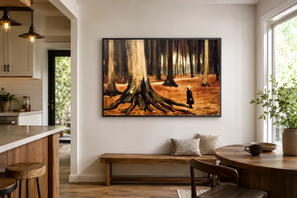 Tyttö metsässä, käsin maalattu Van Gogh -öljyjäljennös kehystettynä rauhallisen aurinkohuoneen seinällä