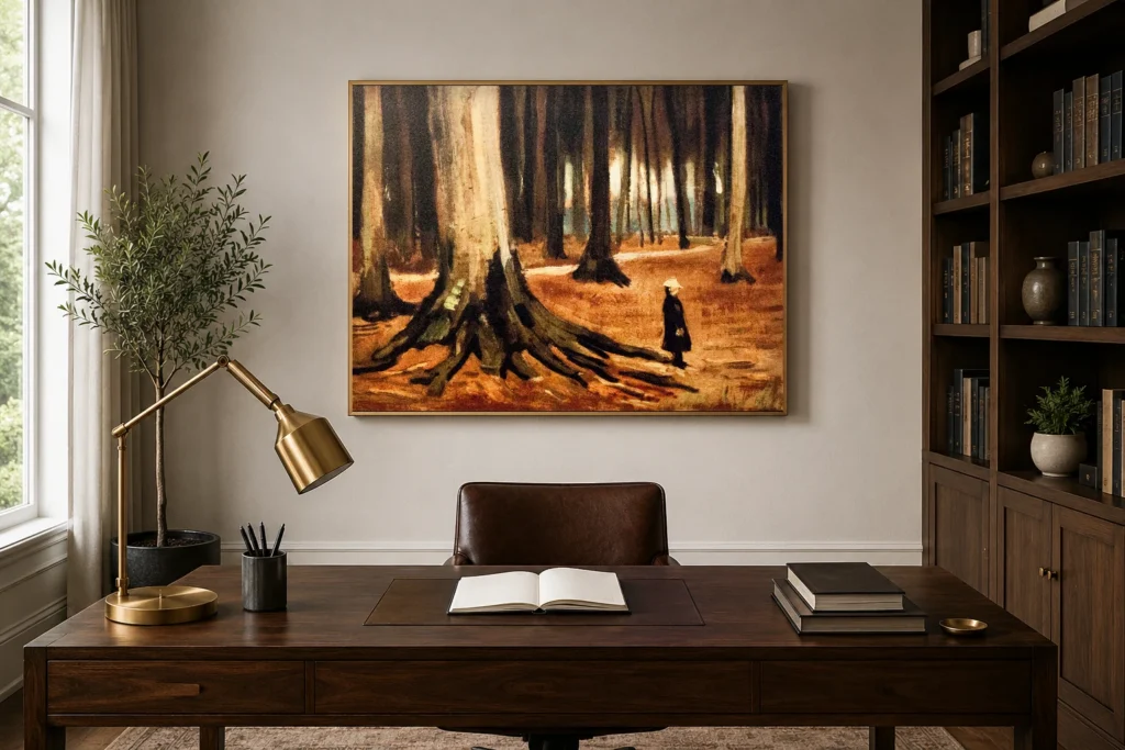 Tyttö metsässä, käsin maalattu Van Gogh -öljyjäljennös kehystettynä viihtyisän lukupisteen seinällä