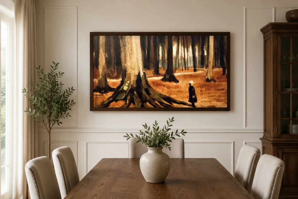 Tyttö metsässä, käsin maalattu Van Gogh -öljyjäljennös kehystettynä tyylikkään kotitoimiston seinällä