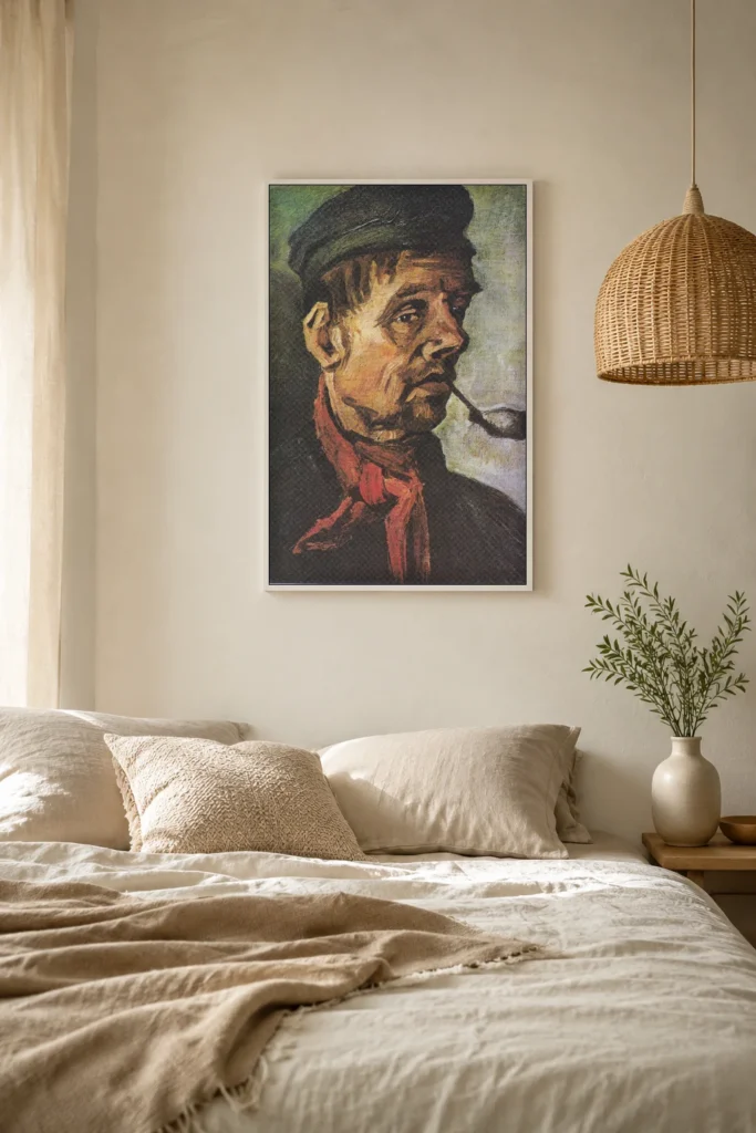 Κεφάλι άνδρα με πίπα, μια χειροποίητη λάδι σε καμβά αναπαραγωγή του Βαν Γκογκ κορνιζαρισμένη στον τοίχο ενός κομψού δωματίου ντυσίματος.
