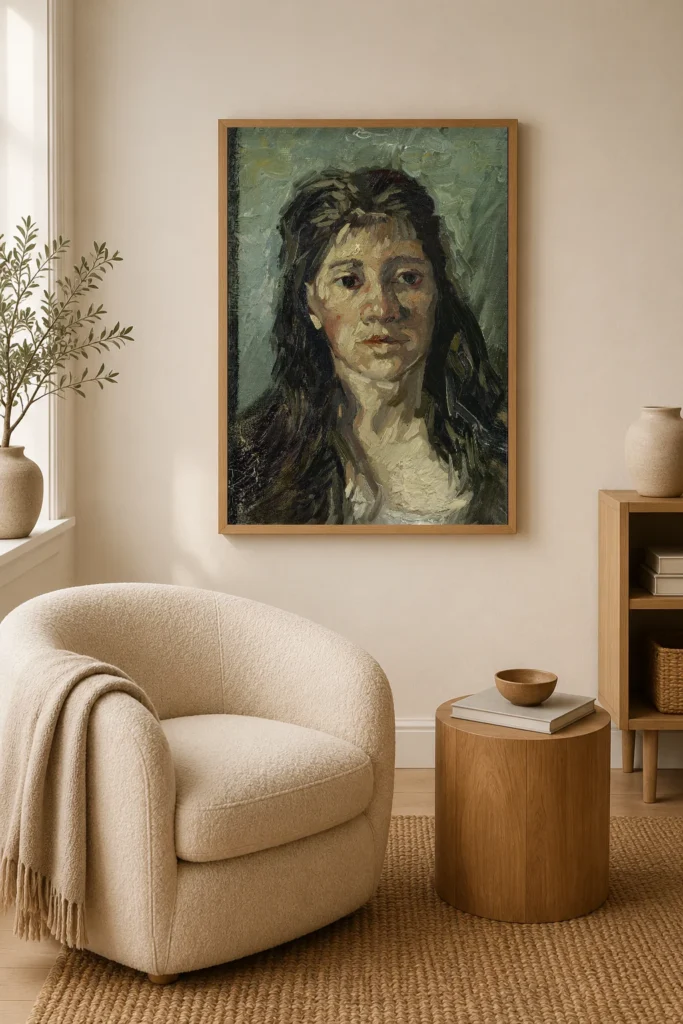رأس امرأة فلاحة (نينن)، نسخة زيتية مرسومة يدويًا من لوحة فان جوخ مؤطرة على جدار ممر مدخل مشرق