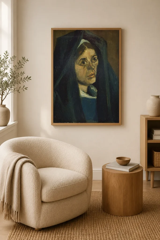 Hlava rolnice se zeleným šátkem, ručně malovaná olejová reprodukce obrazu od Van Gogha, zarámovaná na stěně v útulném skandinávském obývacím pokoji.