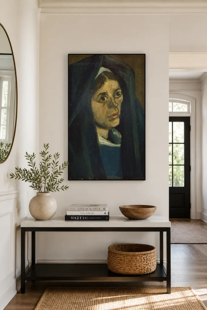 Reprodukce obrazu Hlava selky se zeleným šátkem od Van Gogha, ručně malovaná olejomalba na plátně, zarámovaná na stěně hotelového apartmá.