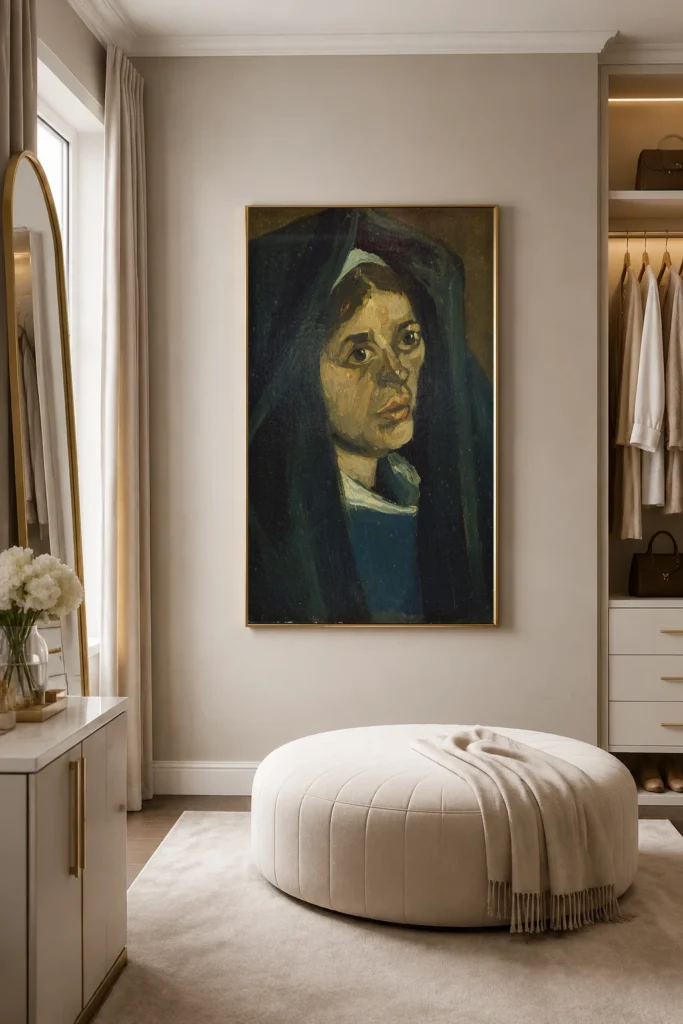 Hlava selky se zeleným šátkem, ručně malovaná olejová reprodukce Van Gogha zarámovaná na stěně světlé vstupní chodby