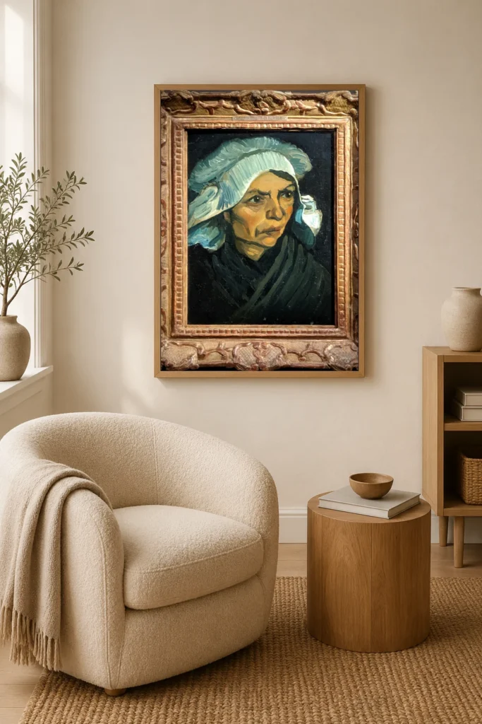 Höfuð bóndakonu með hvíta húfu, handmálað olíumálverk eftir Van Gogh í ramma á vegg í rólegu minimalísku svefnherbergi
