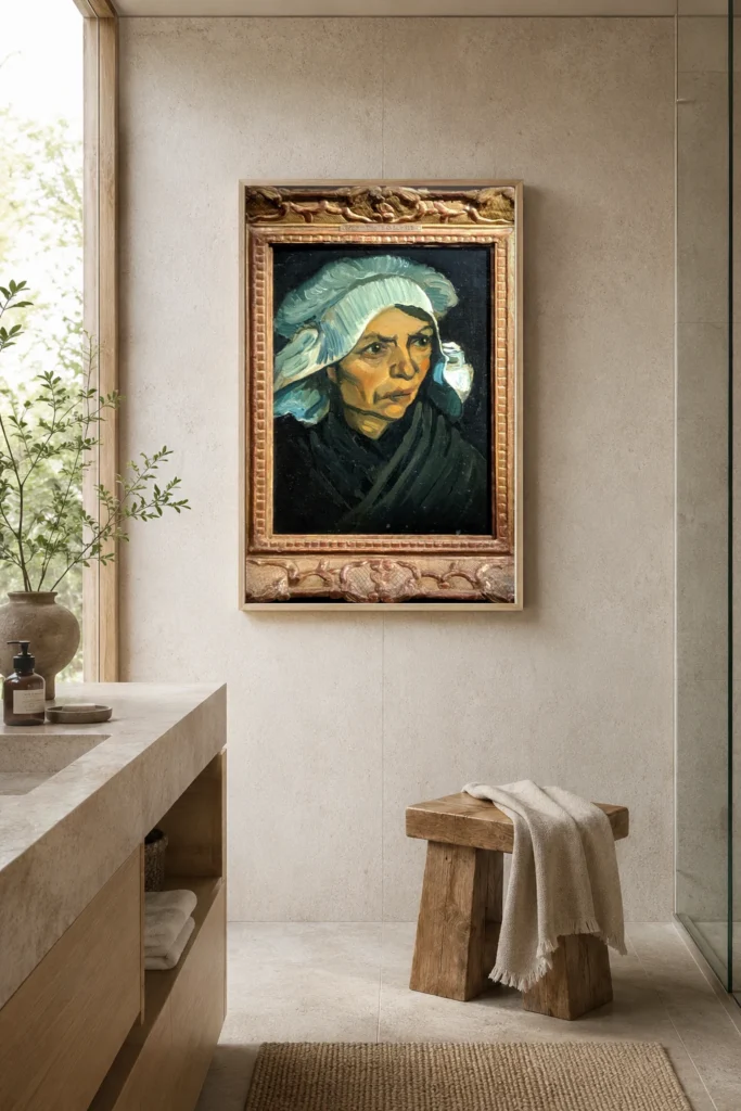 Höfuð bóndakonu með hvíta húfu, handmálað olíumálverk eftir Van Gogh í ramma á vegg í svítu á lúxushóteli