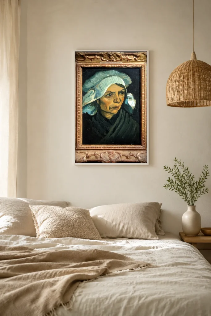 Höfuð bóndakonu með hvíta húfu, handmálað olíumálverk eftir Van Gogh í ramma á vegg í björtum anddyri