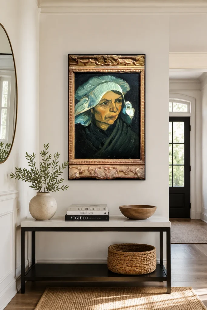 Höfuð bóndakonu með hvíta húfu, handmálað olíumálverk eftir Van Gogh í ramma á vegg í rólegu baðherbergi í heilsulindarstíl