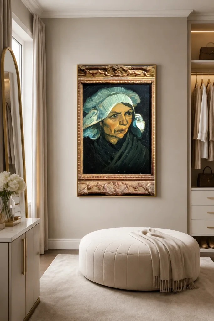 Höfuð bóndakonu með hvíta húfu, handmálað olíumálverk eftir Van Gogh í ramma á vegg í smart klæðningarherbergi
