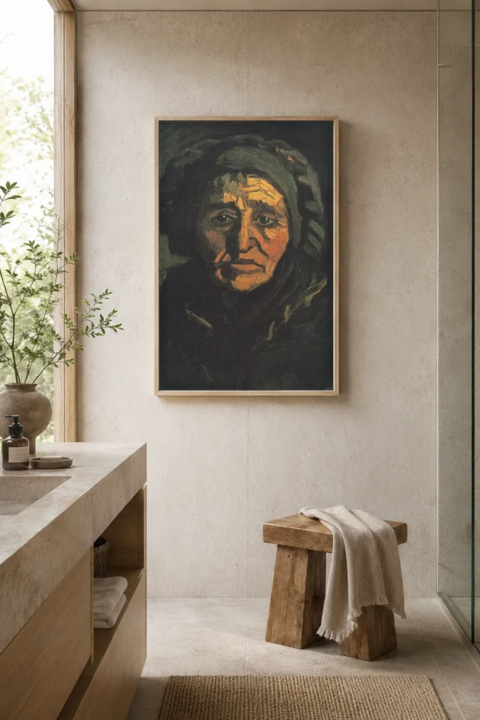 رأس امرأة (نيونن)، لوحة زيتية مرسومة يدويًا مستنسخة عن فان جوخ مؤطرة على جدار غرفة معيشة إسكندنافية دافئة