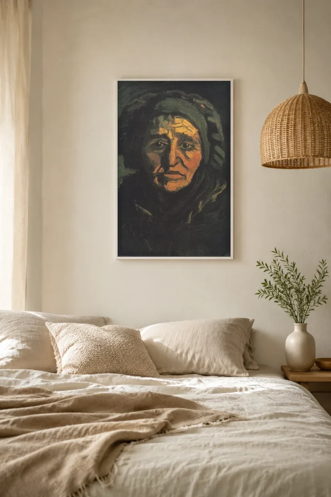 رأس امرأة (نينين)، نسخة مرسومة يدويًا من لوحة فان جوخ الزيتية مؤطرة على جدار غرفة نوم بسيطة وهادئة