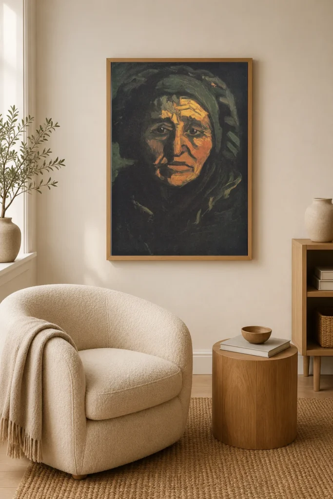 رأس امرأة (نينين)، نسخة مرسومة يدويًا من لوحة فان جوخ الزيتية مؤطرة على جدار مدخل ممر مشرق