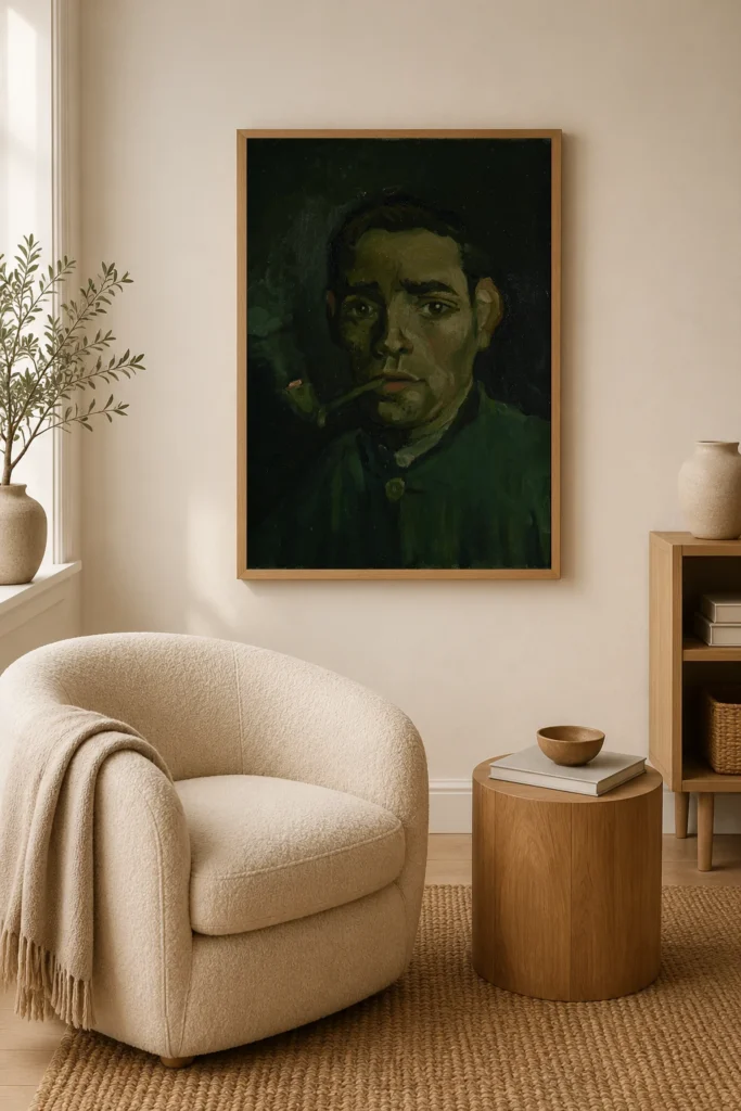 Höfuð ungs bónda með pípu, handmáluð olíuafritun eftir Van Gogh, innrömuð á vegg í kyrrlátu heilsulindarbaðherbergi
