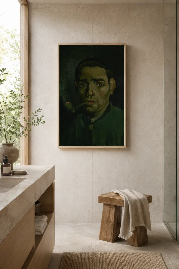 Höfuð ungs bónda með pípu, handmáluð olíuafrit eftir Van Gogh, rammað á vegg í glæsilegu búningsherbergi.