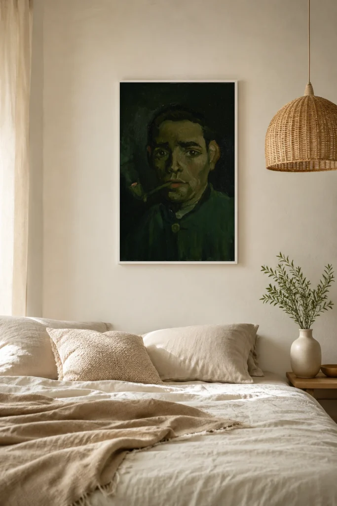 Höfuð ungs bónda með pípu, handmáluð olíuafritun eftir Van Gogh, innrömuð á vegg í hlýrri skandinavískri stofu