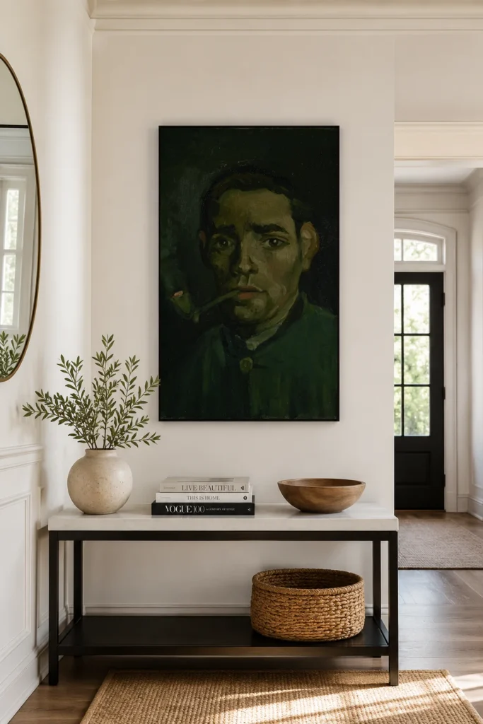 Höfuð ungs bónda með pípu, handmáluð olíuafrit eftir Van Gogh, rammað á vegg í rólegu naumhyggju svefnherbergi.