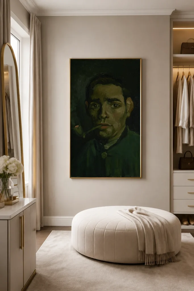 Höfuð ungs bónda með pípu, handmáluð olíuafritun eftir Van Gogh, innrömuð á vegg í svítu á boutique hóteli