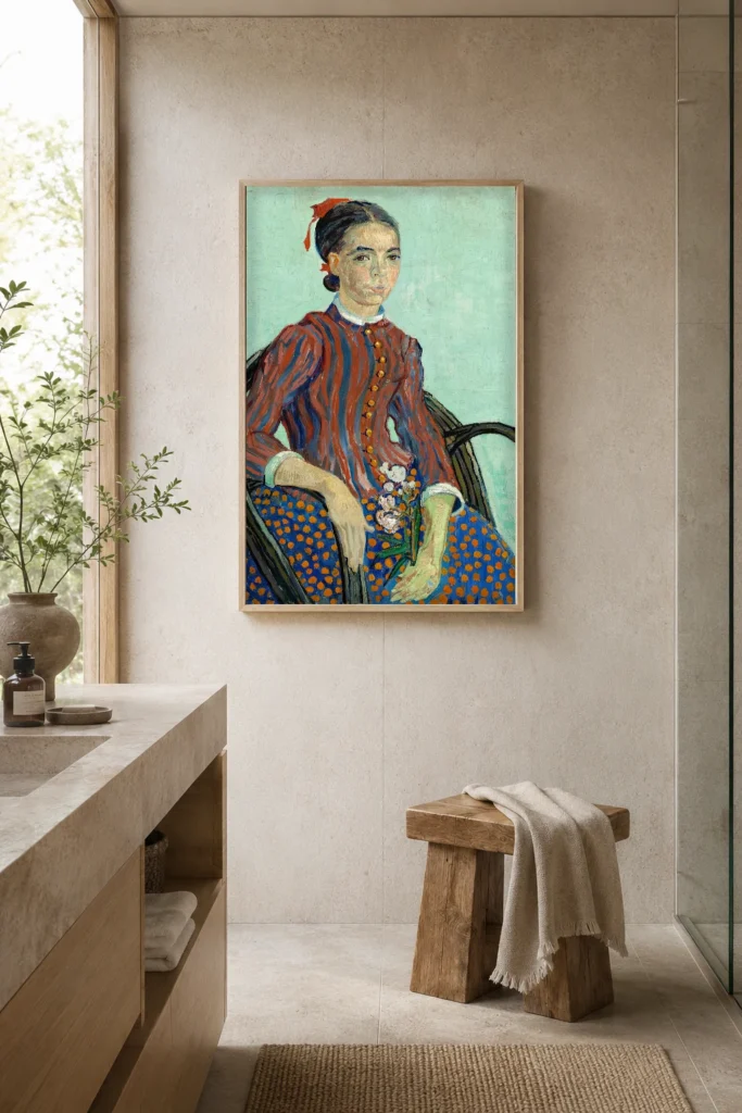 نسخة زيتية مرسومة يدويًا من لوحة لا موسوميه لفان جوخ، مؤطرة على جدار غرفة نوم بسيطة وهادئة
