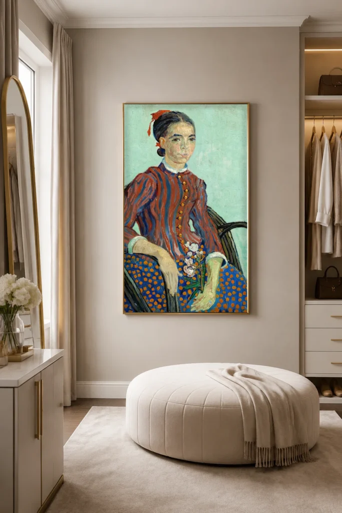 لو موسيمي، لوحة زيتية مرسومة يدويًا مستوحاة من فان جوخ، مؤطرة على جدار حمام هادئ بأجواء سبا